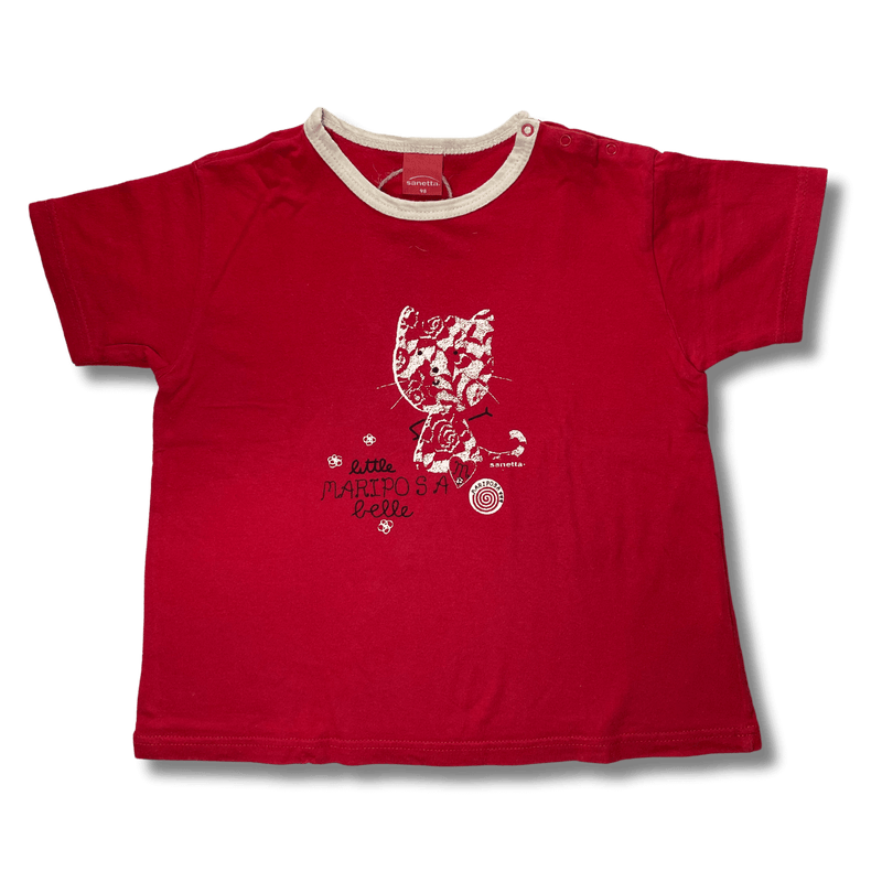 Rotes T-Shirt der Größe 98 mit weißem Kragen und Katzenmotiv von Sanetta