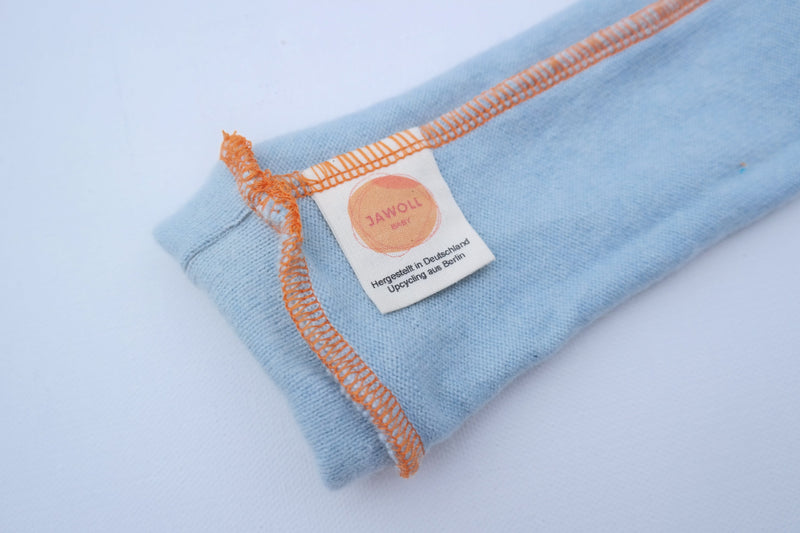 Leg warmers for babies made from upcycled cashmere in light blue