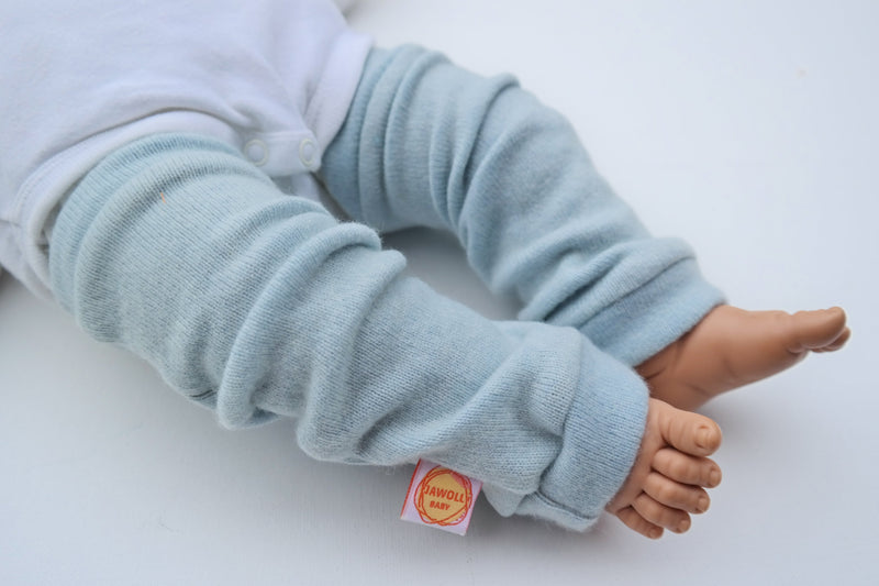 Leg warmers for babies made from upcycled cashmere in light blue