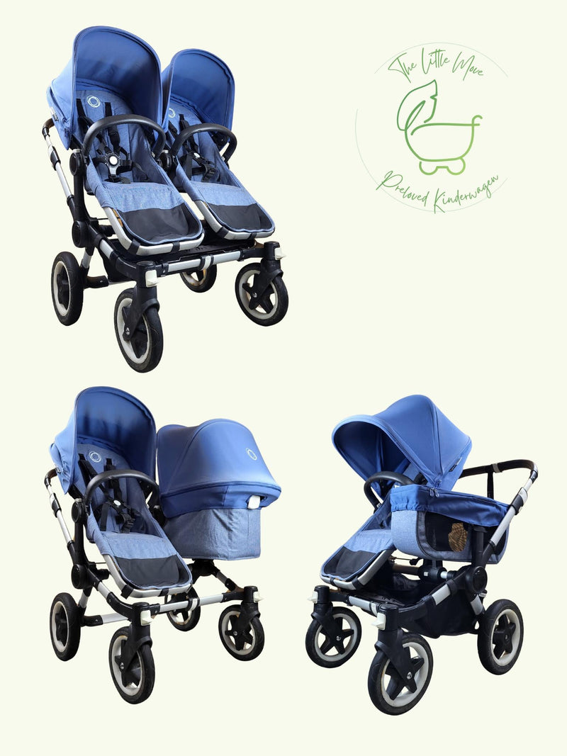 Bugaboo - Donkey 2 Zwillingskinderwagen Geschwisterwagen (2 Sitze / 1 Babywanne) inkl. seitliche Gepäcktasche - Blau in gutem Zustand