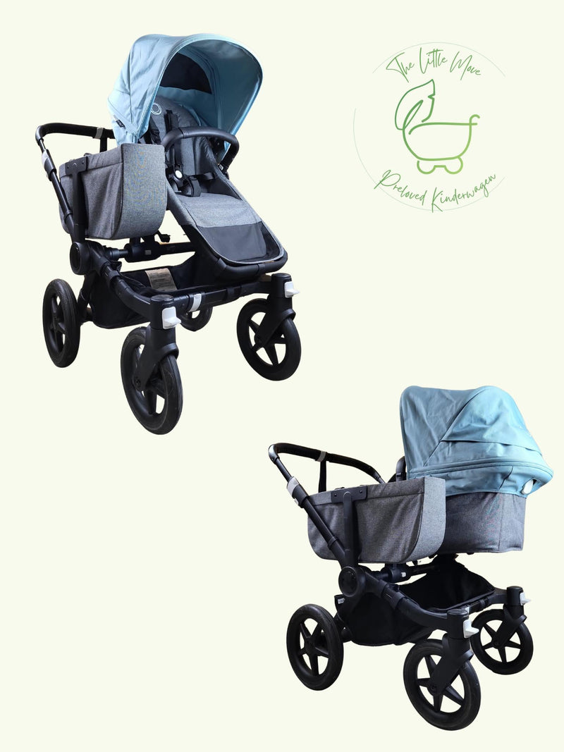 Bugaboo - Donkey 3 Duo (Sportsitz und Liegewanne) Geschwisterwagen inkl. seitliche Gepäcktasche - Blau in gutem Zustand