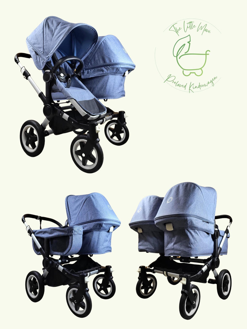 Bugaboo - Donkey Zwillingskinderwagen Geschwisterwagen (2 Sitze / 2 Babywanne) inkl. seitliche Gepäcktasche - Blau in gutem Zustand