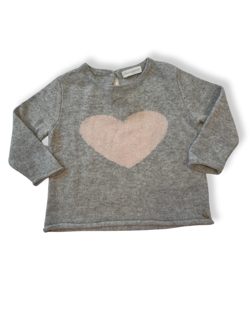 Sweater gray with pink heart 100% cashmere size 6m | Delicatelove