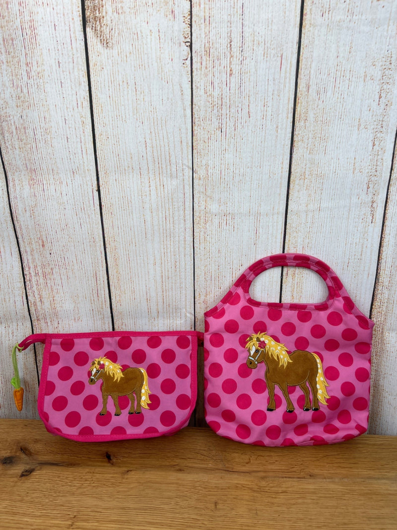 Die Spiegelburg Set: kl. Tasche + Waschtasche pink m. Punkten u. Pferd