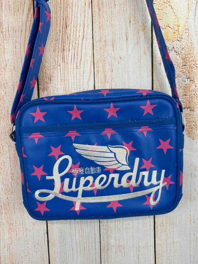 Superdry Handtasche Blau m. rosa Sternen u. Schrift