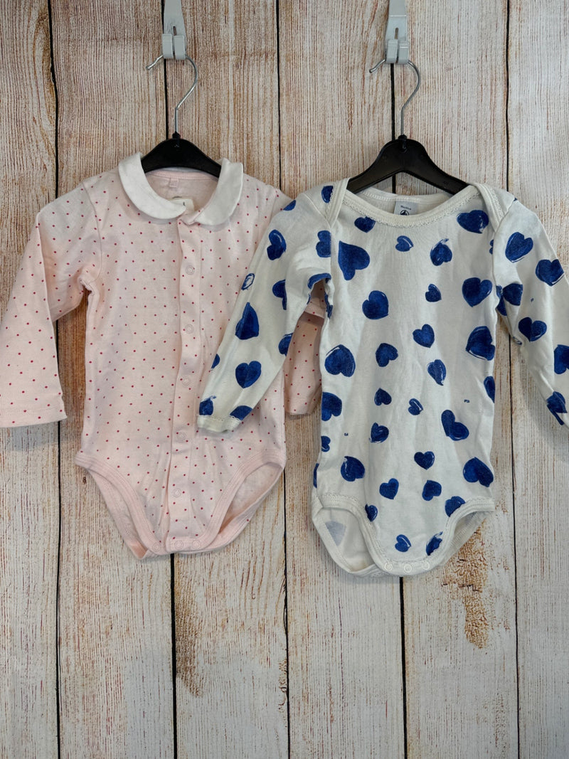 Petit bateau Doppelpack Langarmbodies weiß m. blauen Herzen/ rosa Gr. 80