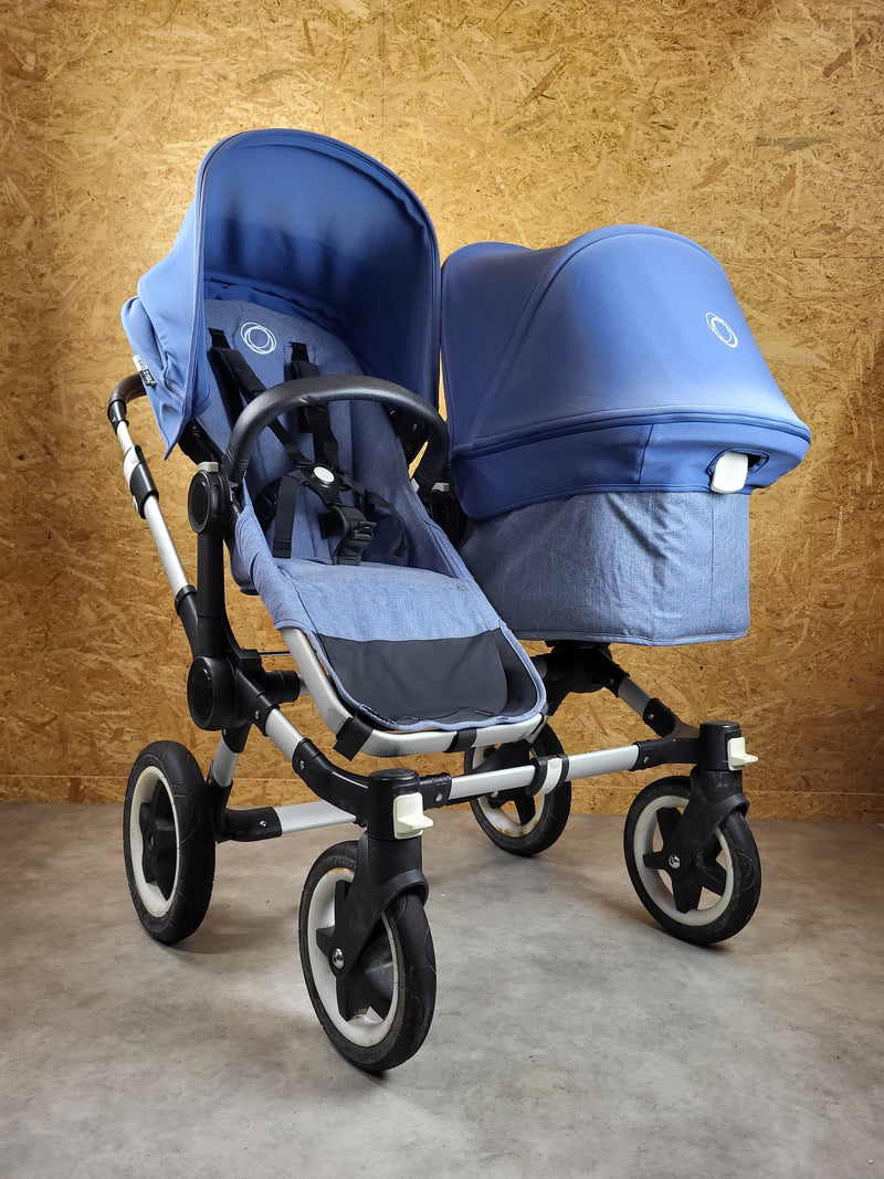 Bugaboo - Donkey 2 Zwillingskinderwagen Geschwisterwagen (2 Sitze / 1 Babywanne) inkl. seitliche Gepäcktasche - Blau in gutem Zustand