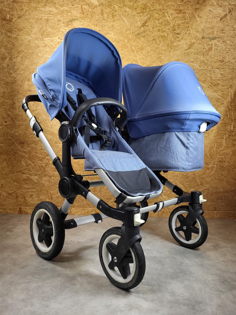 Bugaboo - Donkey 2 Zwillingskinderwagen Geschwisterwagen (2 Sitze / 1 Babywanne) inkl. seitliche Gepäcktasche - Blau in gutem Zustand