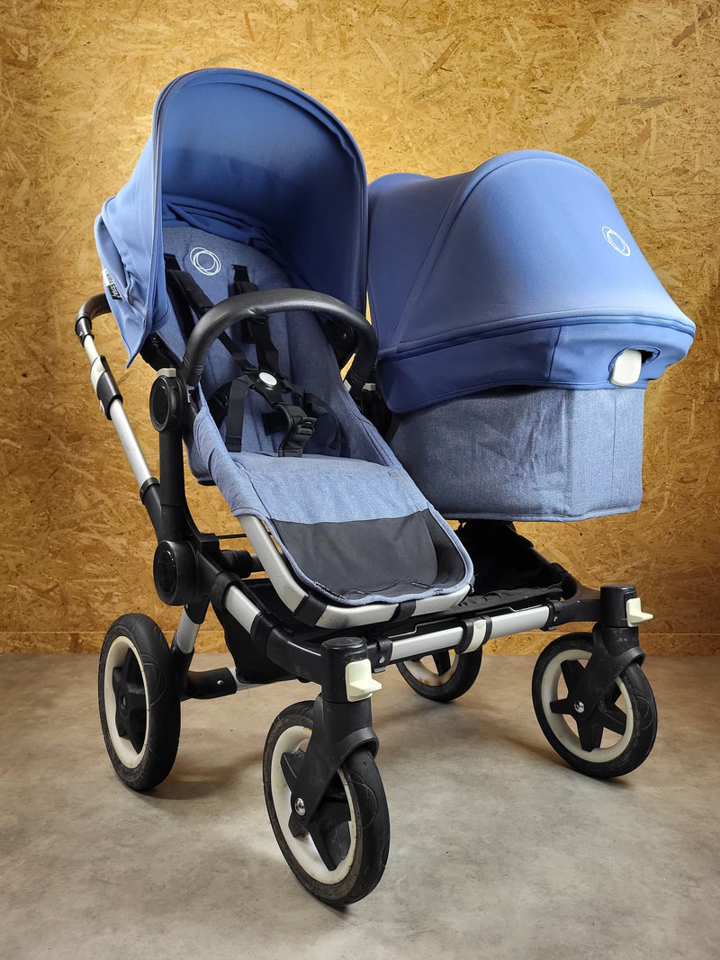 Bugaboo - Donkey 2 Zwillingskinderwagen Geschwisterwagen (2 Sitze / 1 Babywanne) inkl. seitliche Gepäcktasche - Blau in gutem Zustand