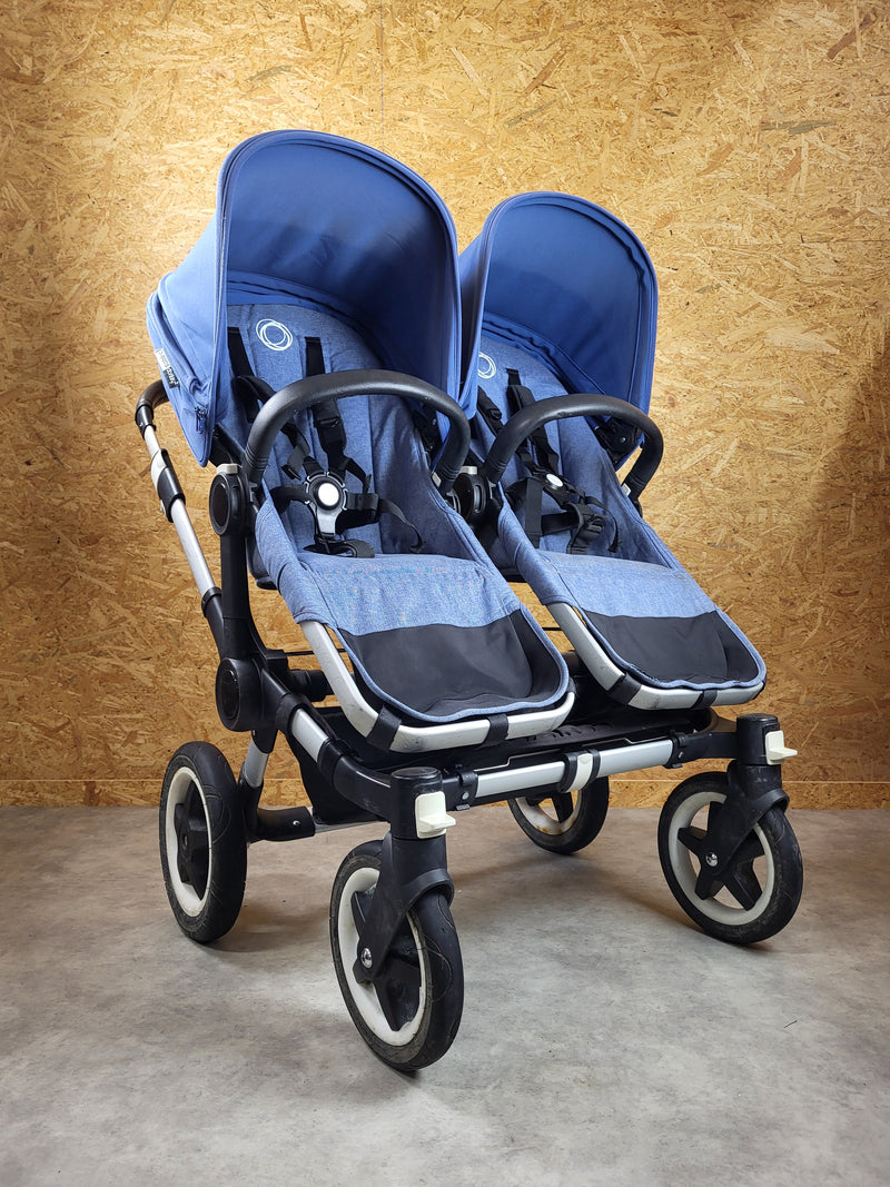 Bugaboo - Donkey 2 Zwillingskinderwagen Geschwisterwagen (2 Sitze / 1 Babywanne) inkl. seitliche Gepäcktasche - Blau in gutem Zustand