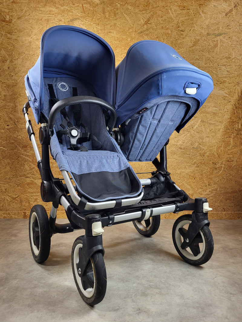 Bugaboo - Donkey 2 Zwillingskinderwagen Geschwisterwagen (2 Sitze / 1 Babywanne) inkl. seitliche Gepäcktasche - Blau in gutem Zustand