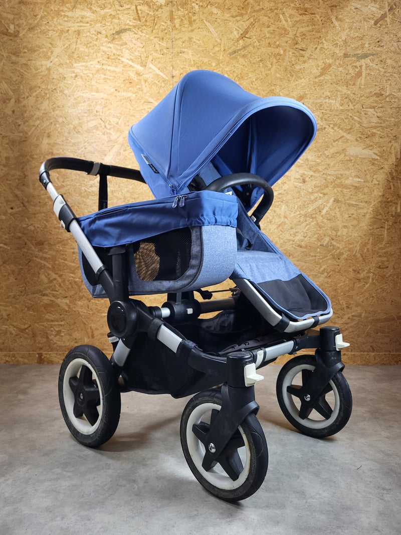 Bugaboo - Donkey 2 Zwillingskinderwagen Geschwisterwagen (2 Sitze / 1 Babywanne) inkl. seitliche Gepäcktasche - Blau in gutem Zustand