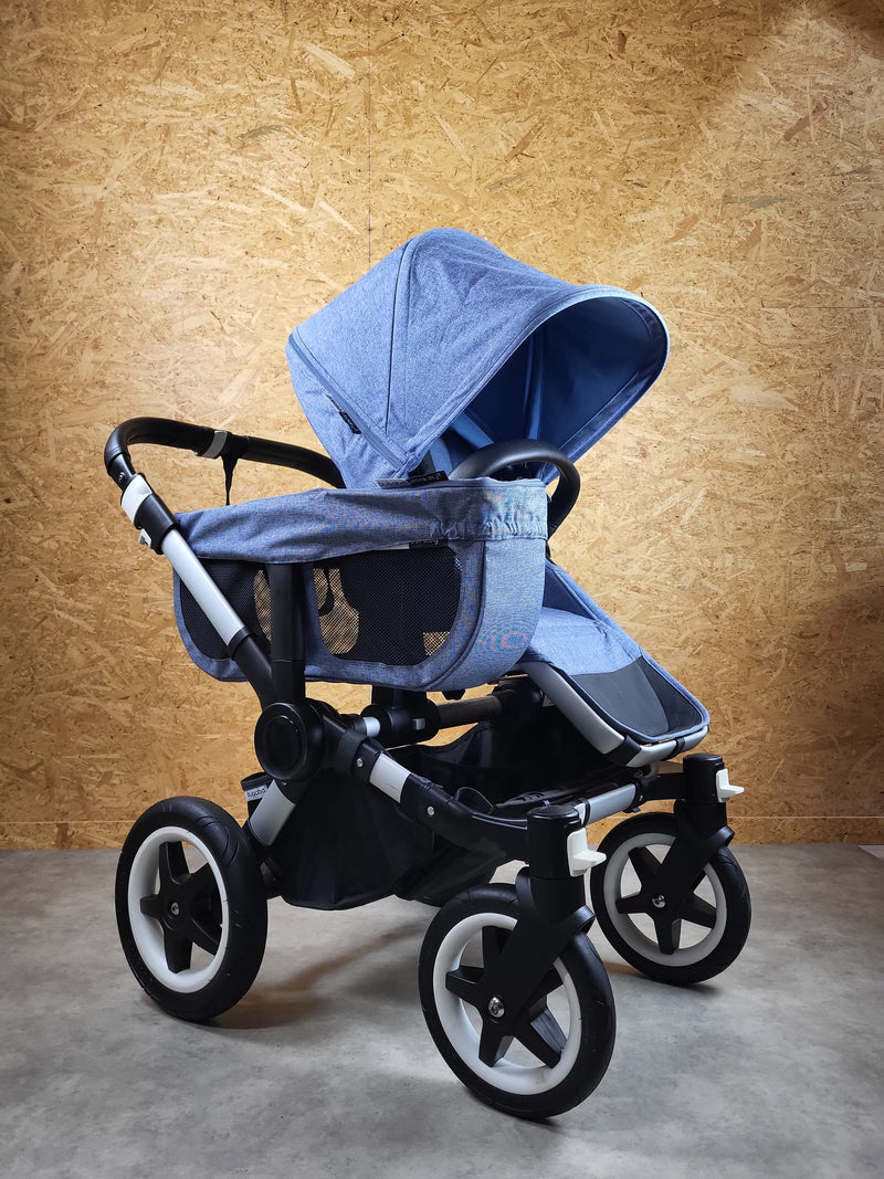 Bugaboo - Donkey Zwillingskinderwagen Geschwisterwagen (2 Sitze / 2 Babywanne) inkl. seitliche Gepäcktasche - Blau in gutem Zustand