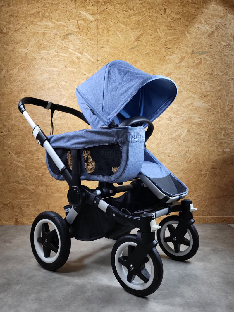 Bugaboo - Donkey Zwillingskinderwagen Geschwisterwagen (2 Sitze / 2 Babywanne) inkl. seitliche Gepäcktasche - Blau in gutem Zustand