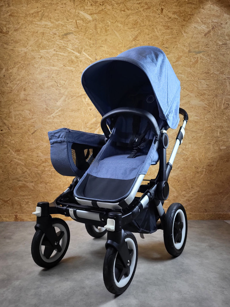 Bugaboo - Donkey Zwillingskinderwagen Geschwisterwagen (2 Sitze / 2 Babywanne) inkl. seitliche Gepäcktasche - Blau in gutem Zustand