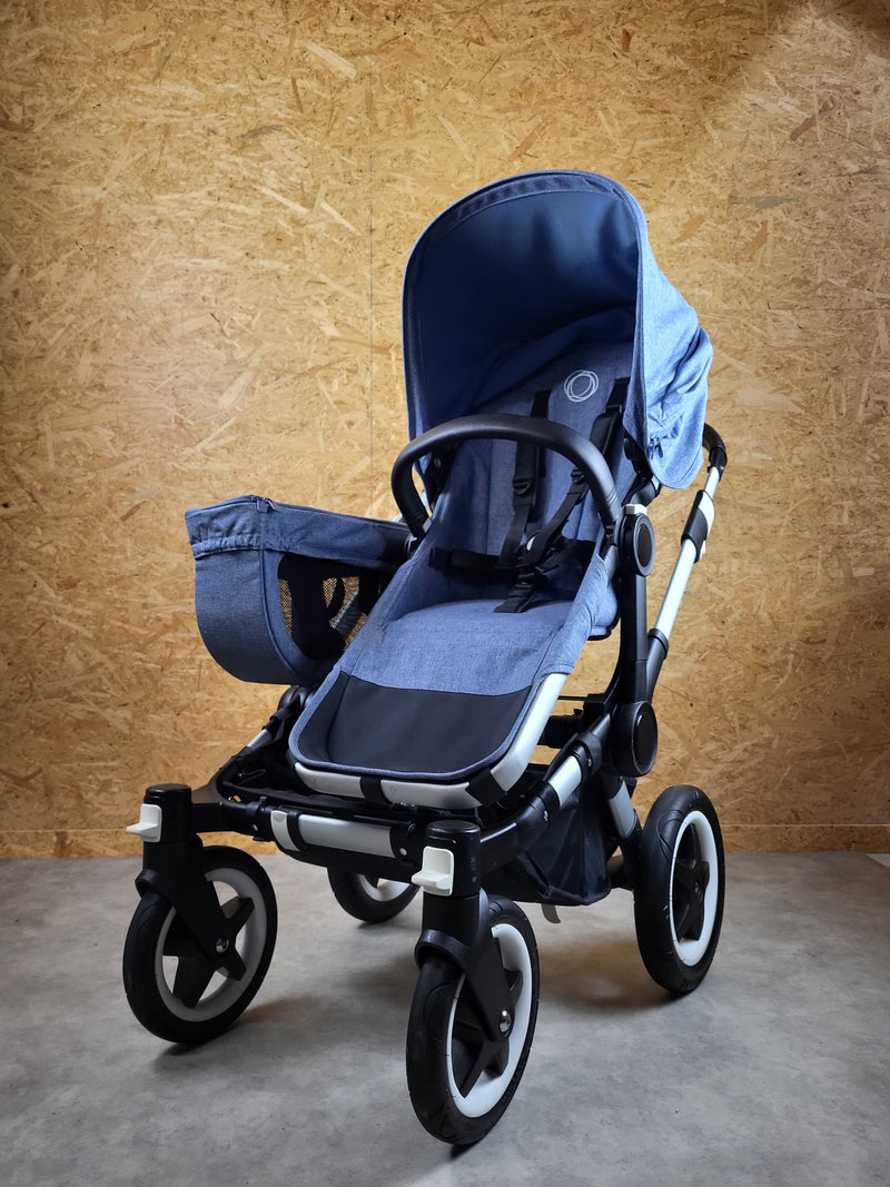 Bugaboo - Donkey Zwillingskinderwagen Geschwisterwagen (2 Sitze / 2 Babywanne) inkl. seitliche Gepäcktasche - Blau in gutem Zustand