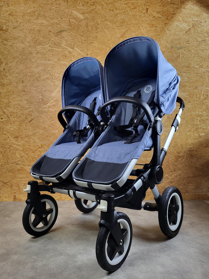 Bugaboo - Donkey Zwillingskinderwagen Geschwisterwagen (2 Sitze / 2 Babywanne) inkl. seitliche Gepäcktasche - Blau in gutem Zustand