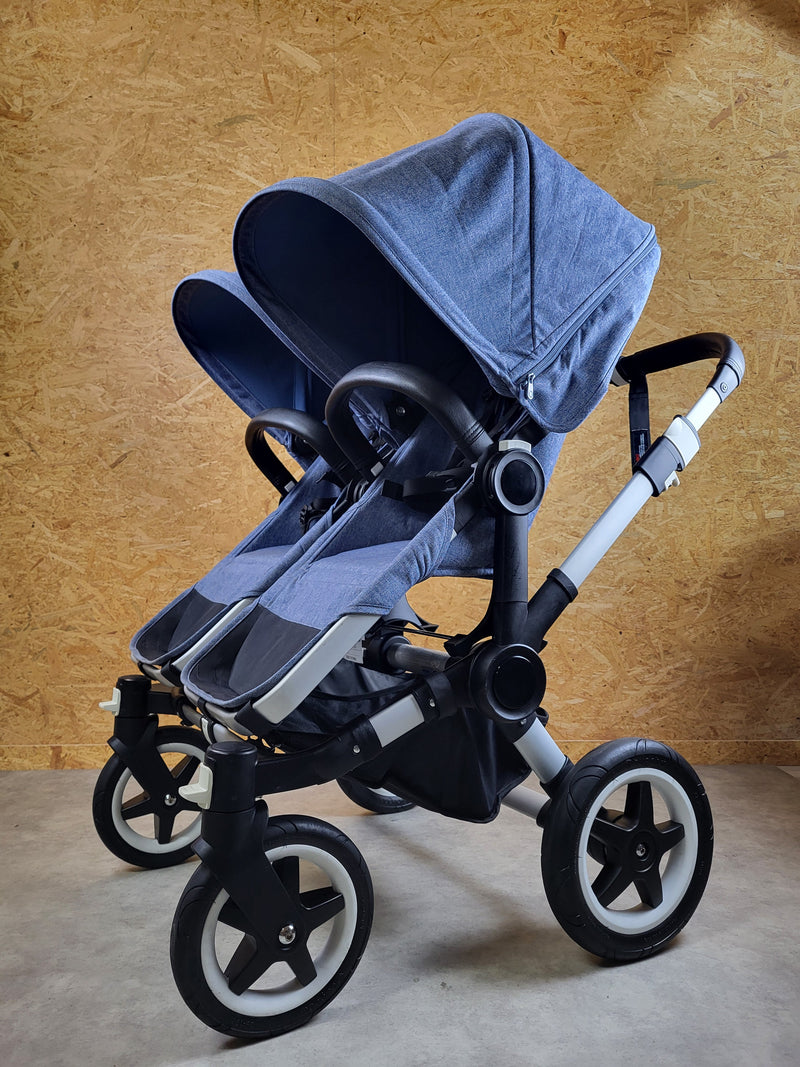 Bugaboo - Donkey Zwillingskinderwagen Geschwisterwagen (2 Sitze / 2 Babywanne) inkl. seitliche Gepäcktasche - Blau in gutem Zustand