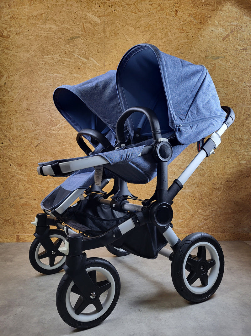 Bugaboo - Donkey Zwillingskinderwagen Geschwisterwagen (2 Sitze / 2 Babywanne) inkl. seitliche Gepäcktasche - Blau in gutem Zustand