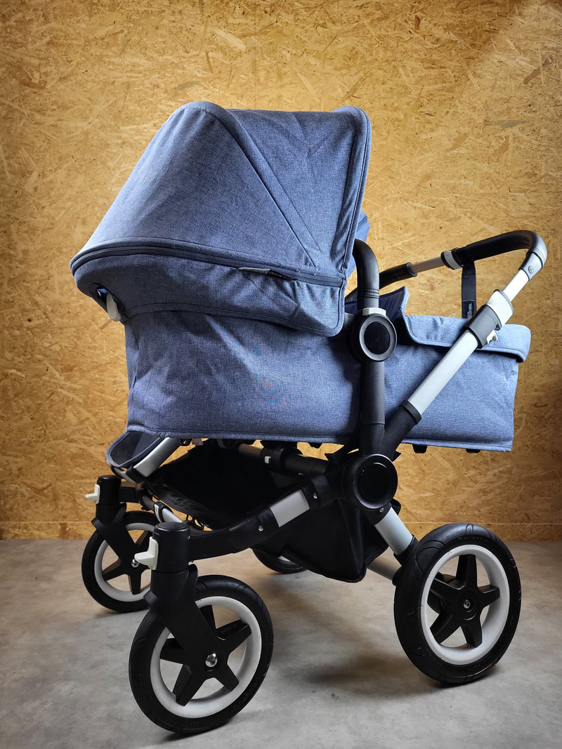 Bugaboo - Donkey Zwillingskinderwagen Geschwisterwagen (2 Sitze / 2 Babywanne) inkl. seitliche Gepäcktasche - Blau in gutem Zustand