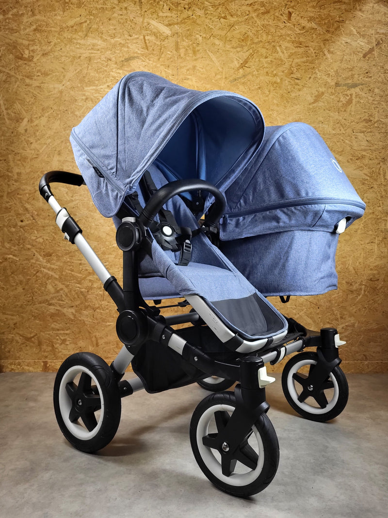 Bugaboo - Donkey Zwillingskinderwagen Geschwisterwagen (2 Sitze / 2 Babywanne) inkl. seitliche Gepäcktasche - Blau in gutem Zustand