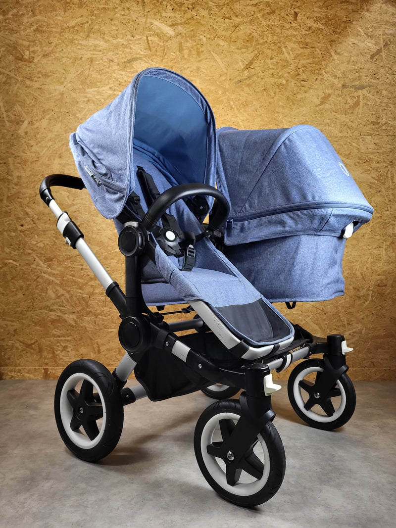 Bugaboo - Donkey Zwillingskinderwagen Geschwisterwagen (2 Sitze / 2 Babywanne) inkl. seitliche Gepäcktasche - Blau in gutem Zustand