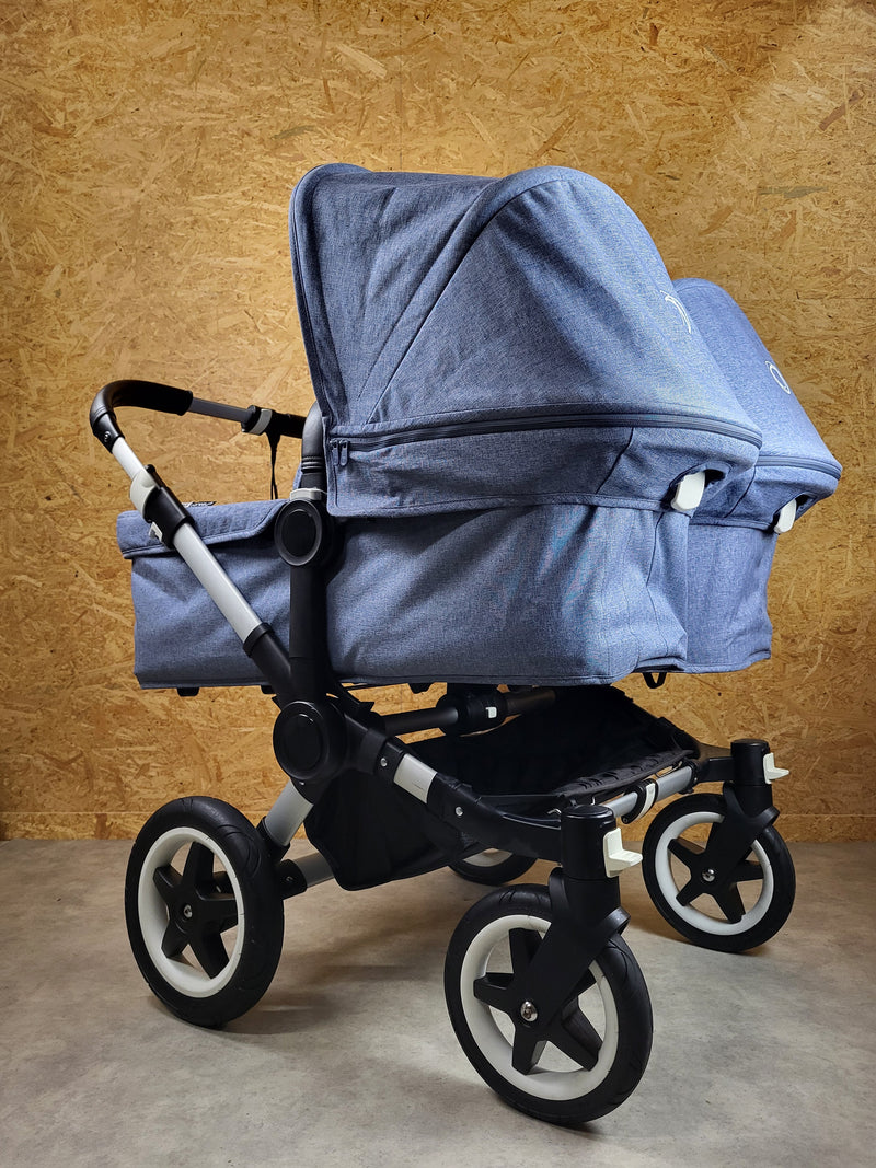 Bugaboo - Donkey Zwillingskinderwagen Geschwisterwagen (2 Sitze / 2 Babywanne) inkl. seitliche Gepäcktasche - Blau in gutem Zustand