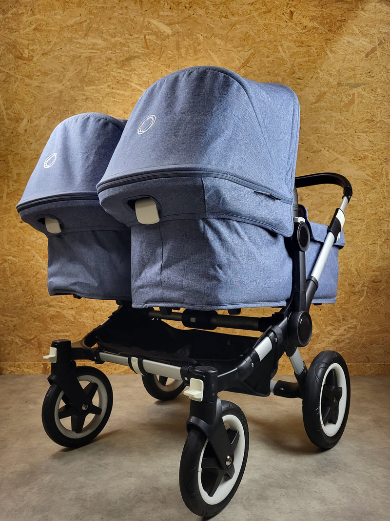 Bugaboo - Donkey Zwillingskinderwagen Geschwisterwagen (2 Sitze / 2 Babywanne) inkl. seitliche Gepäcktasche - Blau in gutem Zustand