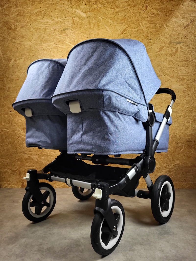 Bugaboo - Donkey Zwillingskinderwagen Geschwisterwagen (2 Sitze / 2 Babywanne) inkl. seitliche Gepäcktasche - Blau in gutem Zustand