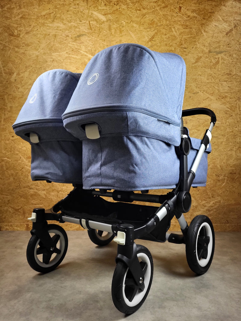 Bugaboo - Donkey Zwillingskinderwagen Geschwisterwagen (2 Sitze / 2 Babywanne) inkl. seitliche Gepäcktasche - Blau in gutem Zustand