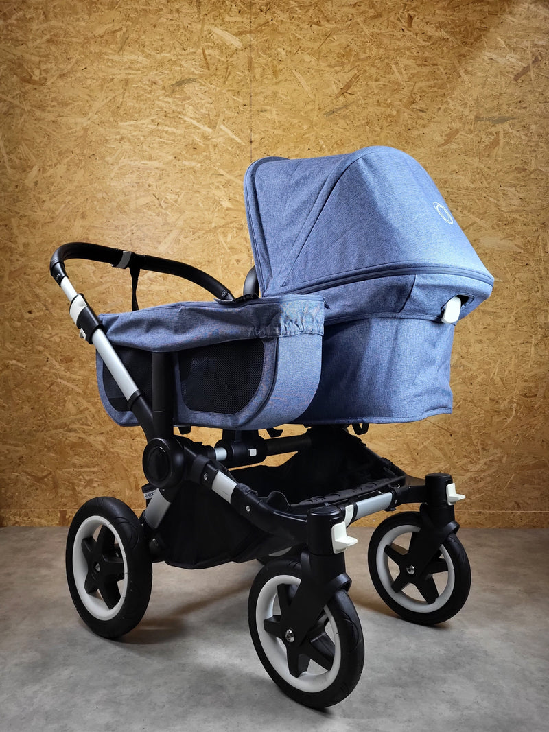 Bugaboo - Donkey Zwillingskinderwagen Geschwisterwagen (2 Sitze / 2 Babywanne) inkl. seitliche Gepäcktasche - Blau in gutem Zustand