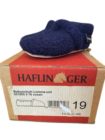Hausschuh baby Mod. "Lorenz uni" Wolle blau Gr.19 | Haflinger