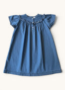 Mädchen Kleid Jeans-Optik – Blaues Kleid mit Rüschen-Rundkragen Gr.128 |