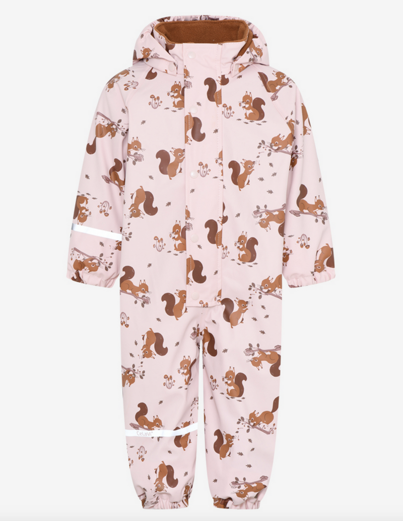 Gefütterter Regenanzug - rosa mit Eichörnchenprint 70