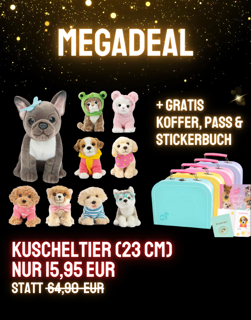 MEGADEAL – KUSCHELTIER (23 CM) + GRATIS KOFFER, PASS & STICKERBUCH