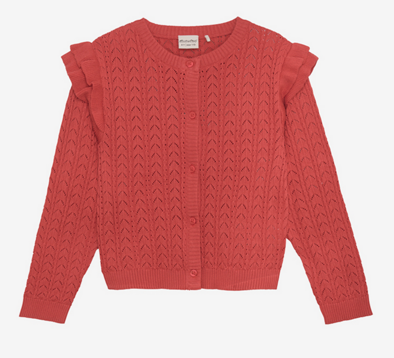 red cardigan with ruffles