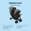 Graco Stadium Duo Geschwisterwagen, Zwillingswagen, 0-15 kg, auch mit Babyschale nutzbar, verstellbare Rückenlehnen, zusammenklappbar, freistehend, großer Staukorb, inkl. Snacktabletts