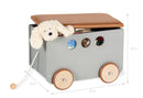 PINOLINO toy box Jim, made of wood and faux leather, with pull cord, rubberized wooden wheels and removable lid, grey lacquered with brown faux leather