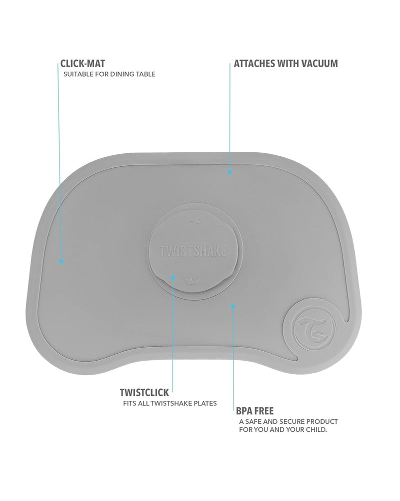 Twistshake Click-Mat + Platte | Anti-Rutsch-Geschirrset für Babys | Babyteller + Baby-Tischset (38x25) | BPA-freier Baby-Entwöhnungsteller | Essenstrainingsplatte für Kinder ab 6 Monaten | Grau