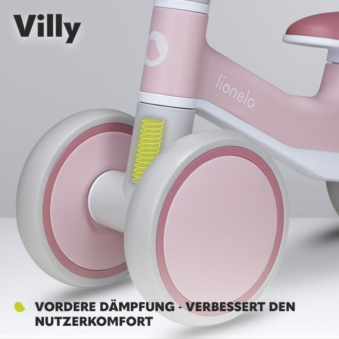 LIONELO VILLY Kinder Laufrad für 12-36 Monate Baby bis 30 kg, Lauflernrad Spielzeug mit 4 Räder, vordere Dämpfung, ergonomischer Sitz, Erst Rutschrad Fahrrad für Mädchen und Jungen