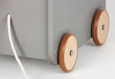 PINOLINO toy box Jim, made of wood and faux leather, with pull cord, rubberized wooden wheels and removable lid, grey lacquered with brown faux leather
