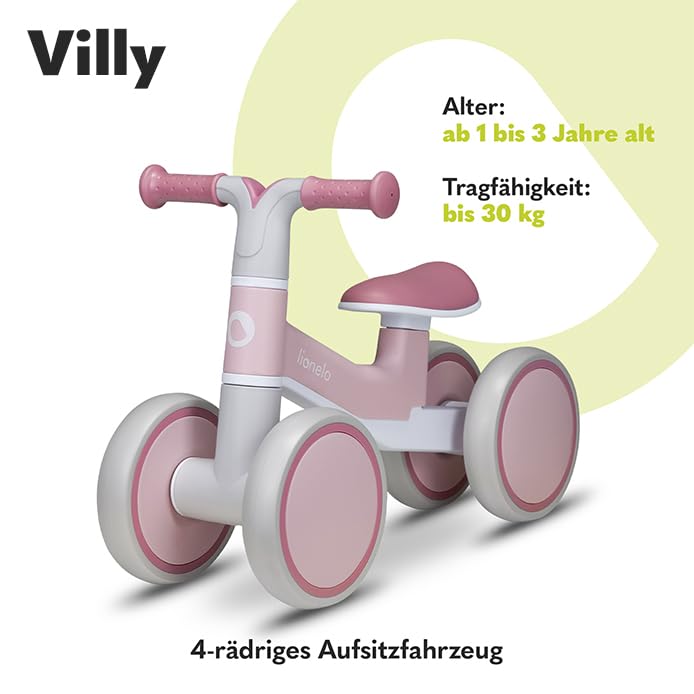 LIONELO VILLY Kinder Laufrad für 12-36 Monate Baby bis 30 kg, Lauflernrad Spielzeug mit 4 Räder, vordere Dämpfung, ergonomischer Sitz, Erst Rutschrad Fahrrad für Mädchen und Jungen