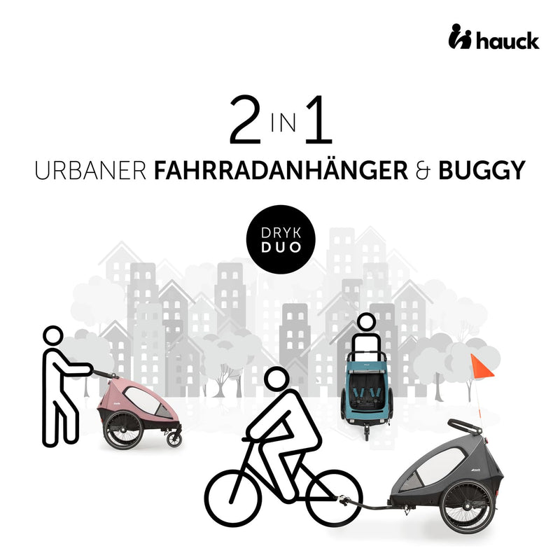hauck 2in1 Fahrradanhänger & Buggy für 2 Kinder ab 6 Monaten bis 120 cm oder 22 kg Dryk Duo inkl. Deichsel, Kupplung, Buggyrad, Wimpel & Rücklicht, Zusammenklappbar