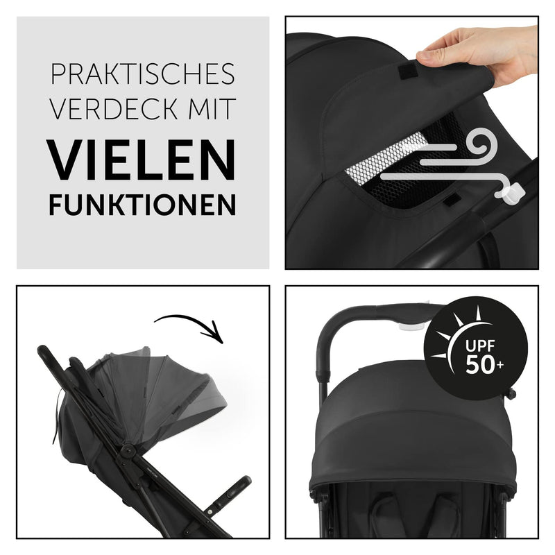 hauck Travel N Care, Schwarz - Reise Buggy für Kinder ab Geburt bis 22 kg - mit Liegefunktion - Leicht 6,9 kg - Kompakt - Klein Zusammenklappbar - UPF 50+ - EVA Räder - Korb bis 3 kg