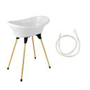 Thermobaby-Babybadewannen-Set Vasco-Badewanne Holzbein Abflussschlauch-Patentierte Innovation-Zusammenklappbar & Stabil-Kann eine Babyliege aufnehmen-Maiglöckchen-Weiß