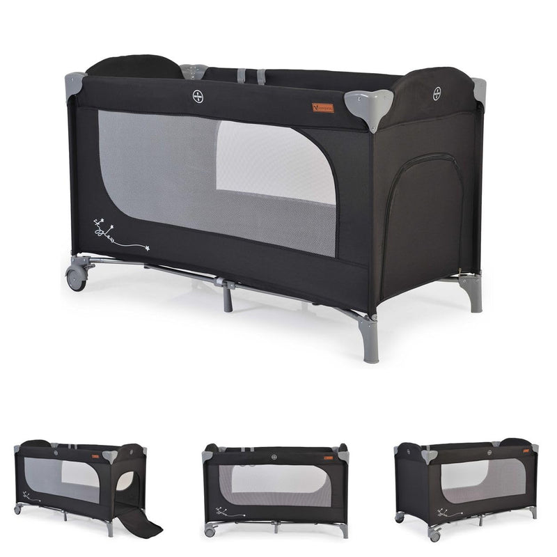 Cangaroo Reisebett Skyglow Laufstall 2 Räder mit Bremsen Matratze Seiteneingang, Farbe:schwarz