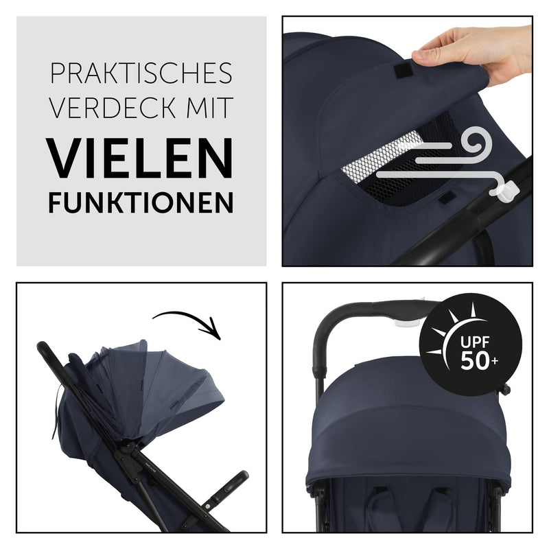 hauck Travel N Care, Navy Blau - Reise Buggy für Kinder ab Geburt bis 22 kg - mit Liegefunktion - Leicht 6,9 kg - Kompakt - Klein Zusammenklappbar - UPF 50+ - EVA Räder - Korb bis 3 kg