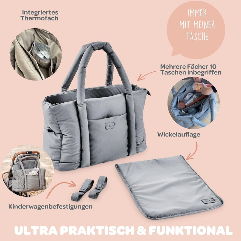 BÉABA, Wickeltasche Bebe, Ultra praktisch, 10 Innen- und Außentaschen, integrierte Kinderwagenbefestigung, herausnehmbare Wickelunterlage, Kühltasche, Tasche Paris Puffy, Eisbraun