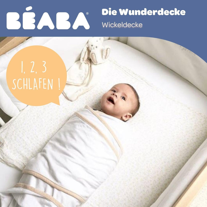 BÉABA, Puck-/Neugeborenendecke, Babydecke, beruhigt das Baby, Ökotex-Textilien, 100% Baumwolljersey, 0–3 Monate, Weiss/Beige