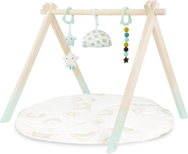 B. toys – Spielbogen aus Holz mit Krabbeldecke – Spieldecke für Babys und Neugeborene – 3 Sensorik Babyspielzeuge – Baumwollmatte – Holz Activity Center – Starry Sky